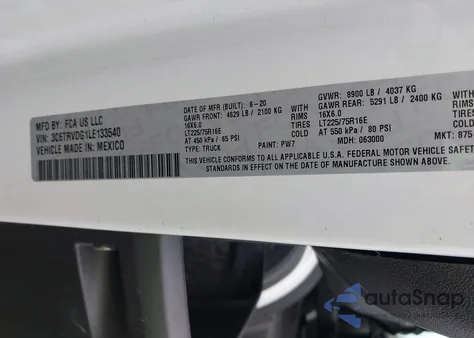 2020 Ram Promaster 2500 High Roof 159 Wb from USA, damaged, VIN 3C6TRVDG1LE133540